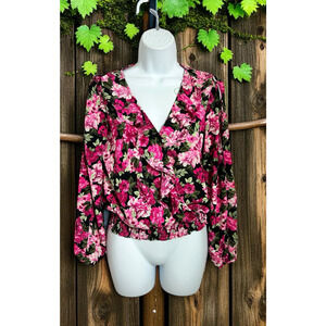 BCX Floral V-Neck Blouse Sz Small Long-Sleeve Smocked Waist Ruffle Top
